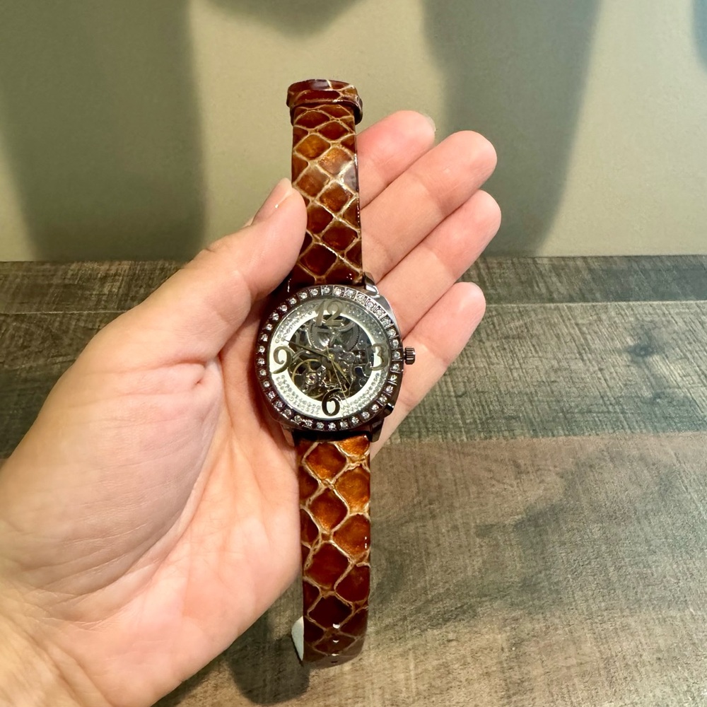 *NWOT* Brown Leather Strap Watch with Crystal Accents